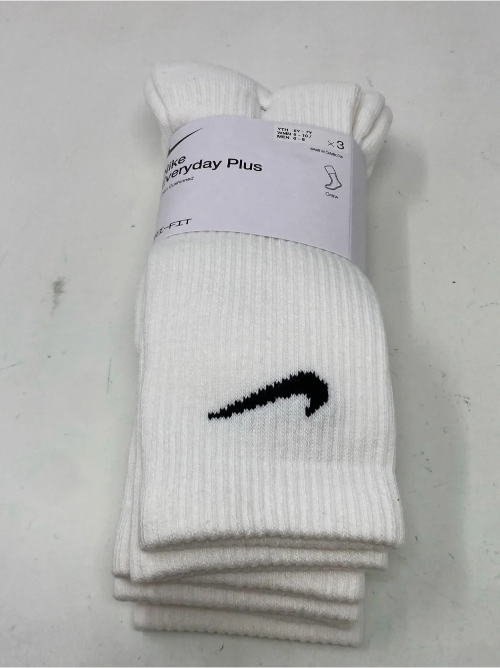 Nike Everyday Plus Men’s MWhite Crew Socks with Black Swoosh - 3 Pack